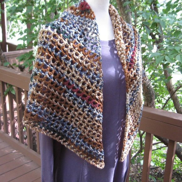 Crochet Boho Shawl Scarf, Bohemian Accessories Neutral Colored Hand Crochet - Picture 6 of 6
